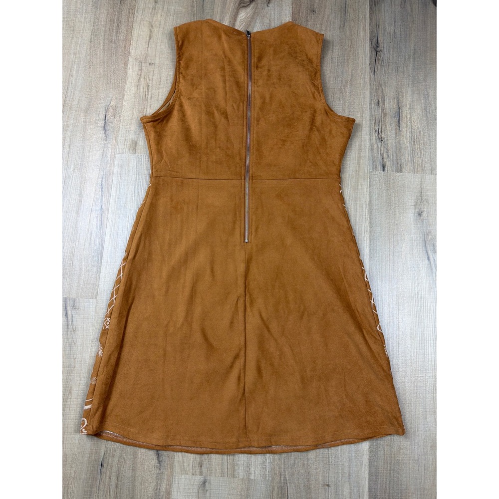 Savanna Jane Brown Faux Suede Embroidered Floral Mini Dress Sleeveless Medium - Picture 2 of 7